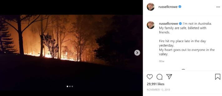 John Alexander Crowe son Russell Crowe posted about the Australian fire.